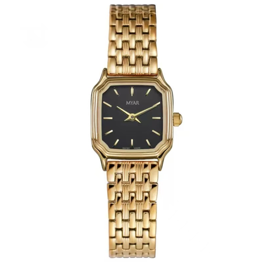 Business Casual Black Square Dial Watch - Gold Stainless Steel Quartz