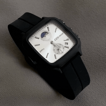 Vintage Aesthetics: White Rectangular Dial Watch with Black Silicone Strap