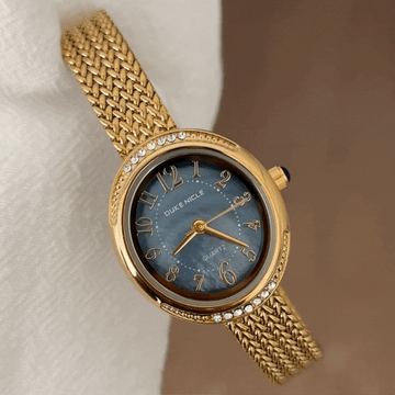 Classic Oval Blue Mother-of-Pearl Gold Wheat Alloy Quartz Watch