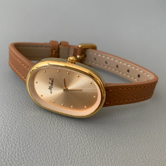 Amber Gold Timepiece: Oval Dial Leather Quartz Watch