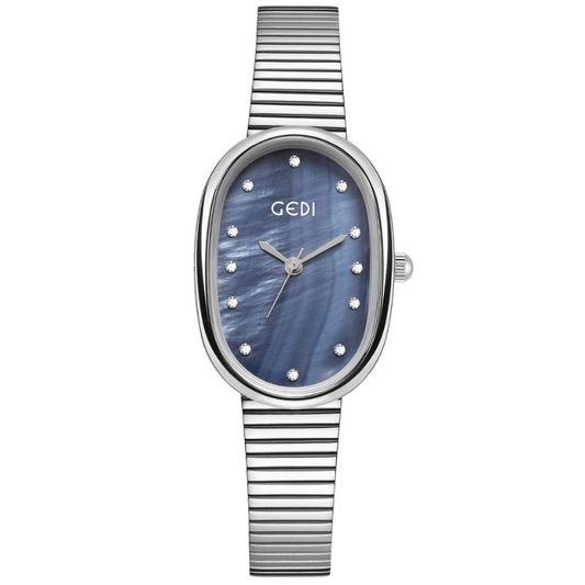 Silver Women’s Oval Blue Mother-of-Pearl Dial Quartz Watch Minimalist Elegant Style