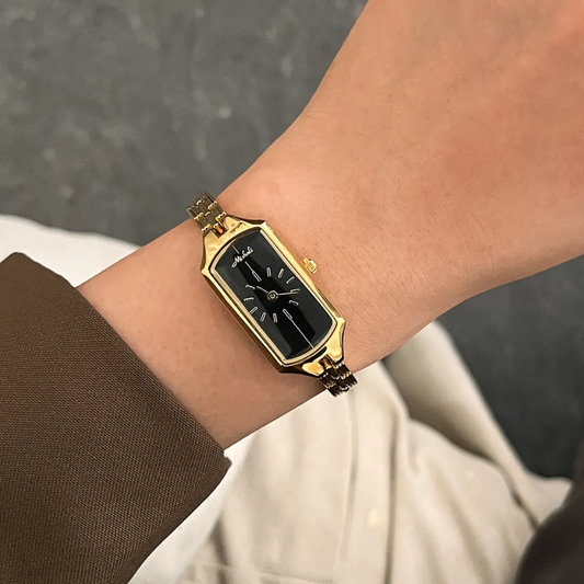 High-End Minimalist – Women’s Gold Slim Strap Rectangular Black Dial Quartz Watch