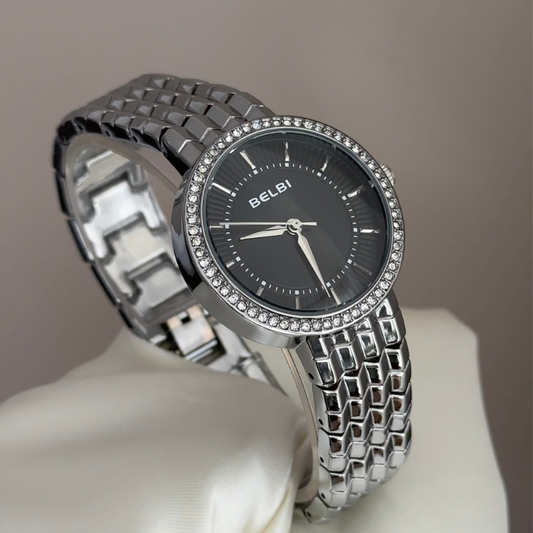 Modern Glamour:Black Diamond Dial Watch with Silver Bezel & Matching Bracelet