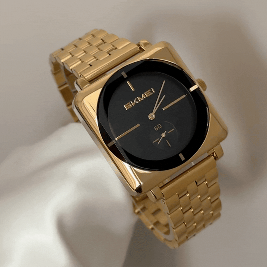 Urban Edge: Black Round Dial Watch with Gold Square Bezel & Bracelet