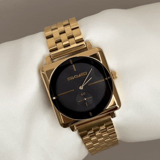 Urban Edge: Black Round Dial Watch with Gold Square Bezel & Bracelet