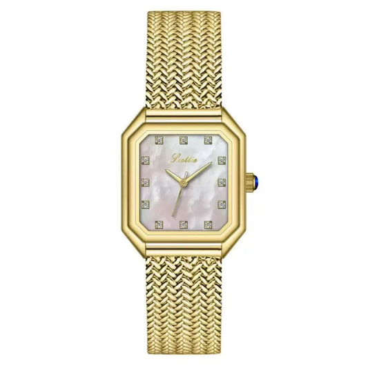 Timeless Grace : White Mother-of-Pearl Rectangular Dial Watch with Gold Bezel & Wheat-Pattern Bracelet