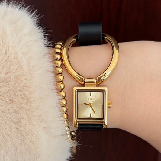 Modern Edge: Gold Rectangular Dial Watch with Gold Bezel & Black Leather Strap with Large Magnetic Circle Buckle