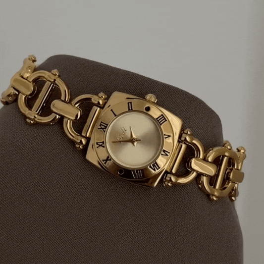 Golden Classic – Women’s Roman Round Dial Watch in Square Frame
