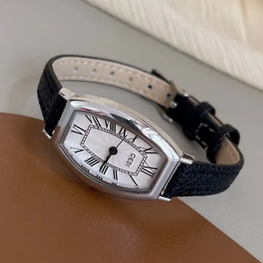 Élan Tonneau – White Dial Watch with Black Leather Strap
