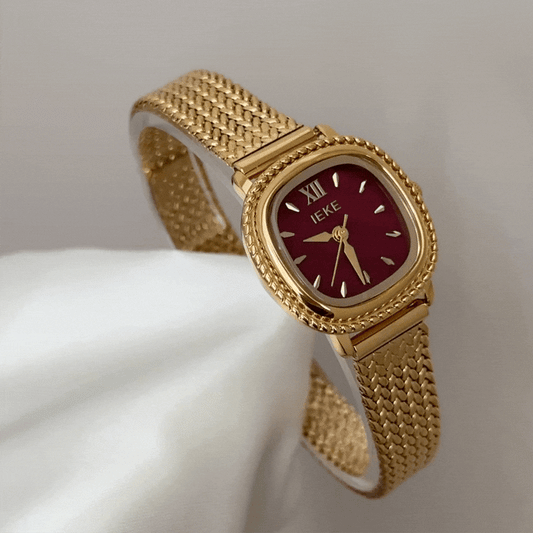Vintage Glamour: Rechteckige Uhr mit rotem Zifferblatt und goldenem Weizenmuster-Edelstahlarmband