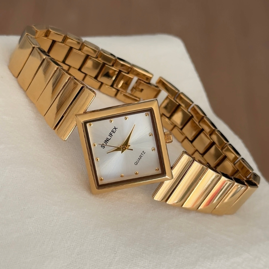 Classic Fashion Rhombus White Dial Gold-Tone Case Alloy Bracelet Quartz Watch