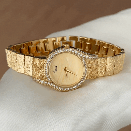 Luxury Round Gold Dial Diamond Bezel Alloy Bracelet Quartz Women's Watch