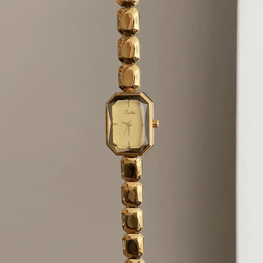 Luxe Modern: Gold Rectangular Dial Watch with Cut Square Link Bracelet