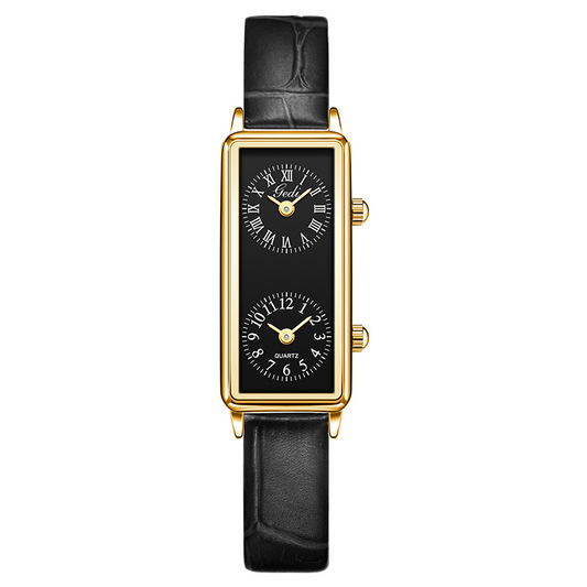 Black Women's Dual Dial Watch | Rectangle Black Face | Leather Strap | Elegant Minimal – Noir