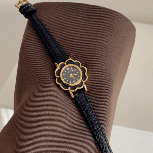 Camellia Bloom – Gold Tea Flower Watch with Black Leather Strap