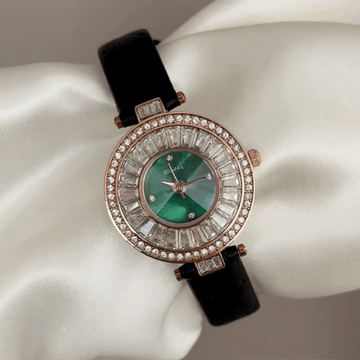 Modern Luxury Watch: Green Diamond Dial, Crystal Frame & Vegan Leather