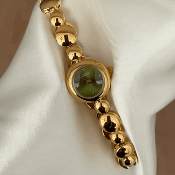 Chic Green Dial Watch - Gold Round Case & Beaded Alloy Bracelet