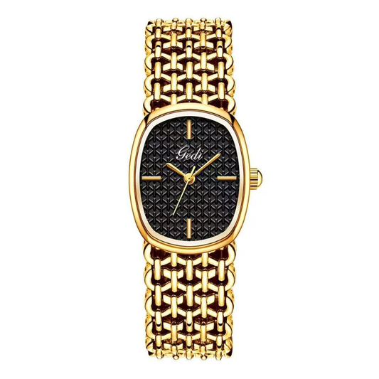 Modern Luxury Oval Watch - Black Dial Gold Case Premium Alloy Bracelet Quartz