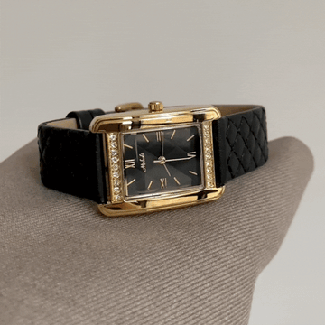 Chic Noir – Women’s Quilted Leather Watch with Gold Frame