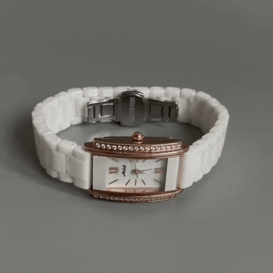 White Women’s Elegant Watch – Rectangular White Dial Quartz Watch with Rose Gold Case & Jade Bracelet | Opaline