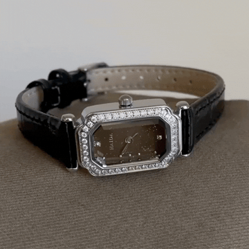 Black Women’s Dainty Watch – Rectangular Starry Dial Quartz Watch with Silver Diamond-Set Case & Leather Strap | Nuit