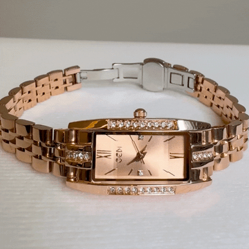 Rose Gold Women’s Elegant Watch – Rectangular Dial Quartz Watch with Crystal-Studded Case | Camille