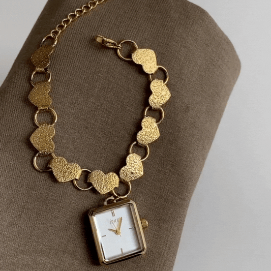 Gold Women’s Watch – Heart Charm Bracelet Watch with White Square Dial | Amour