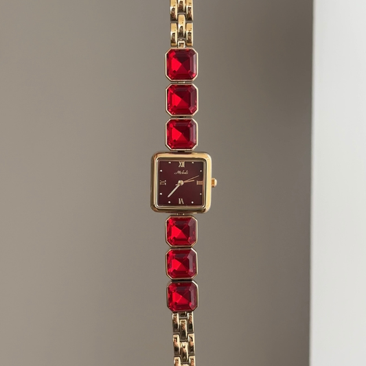 Gilded Jewelry: Red Square Dial Watch with Gold Square Bezel & Ruby-Set Gold Chain Bracelet