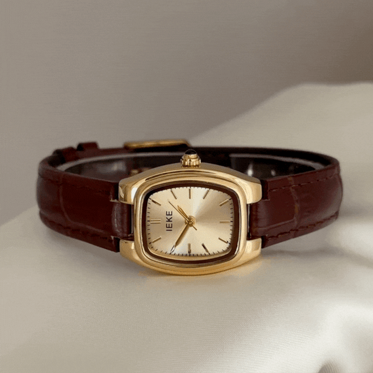 Classic Vintage Gold Tonneau Dial Watch – Brown Genuine Leather Quartz