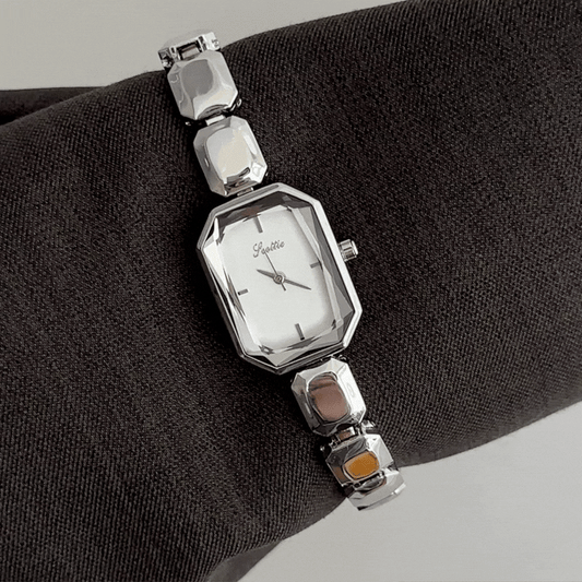 Geometric Elegant: White Rectangular Dial Watch with Silver Cut Square Link Bracelet