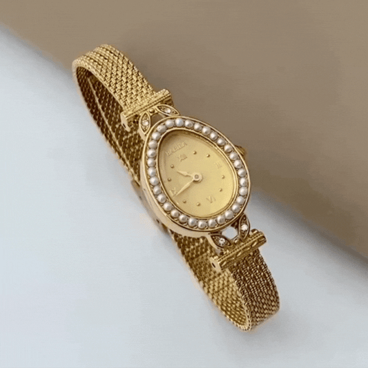 Gold Bracelet Watch – Pearl-Embellished Oval Dial for Women