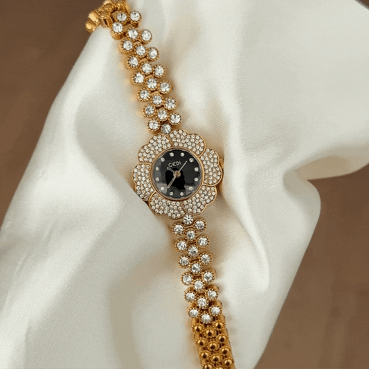 Floral Diamond Watch - Black Dial & Gold Half-Diamond Bracelet | Asymmetrical Quartz