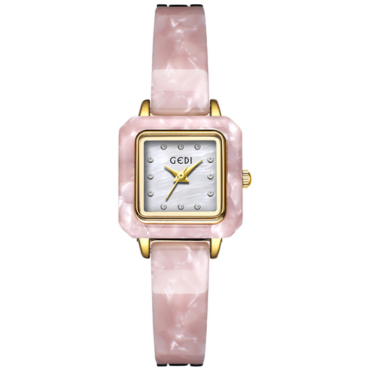 Reloj de brazalete de color ámbar rosa con reloj de cuarzo para mujeres de marcado cuadrado blanco