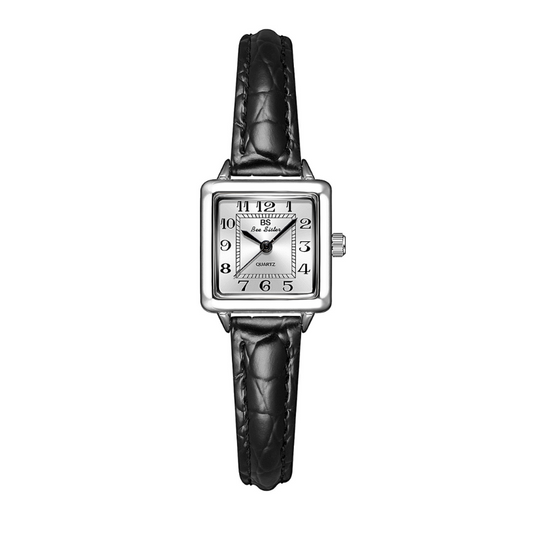 Black Women’s Watch – Square Silver Dial Watch with Leather Strap | Luna