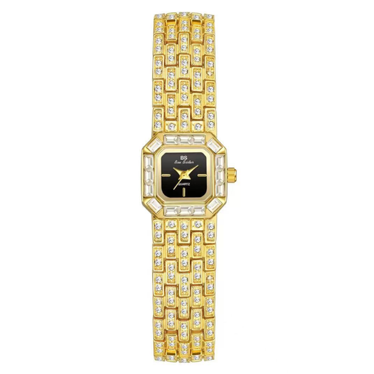 Classic Modern Black Rectangular Dial Gold Diamond Watch