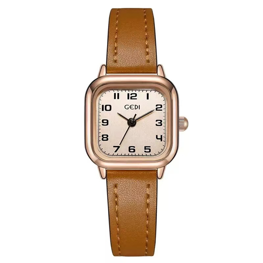 Elegant Rose Gold Rectangular Watch - Brown Vegan Leather Strap