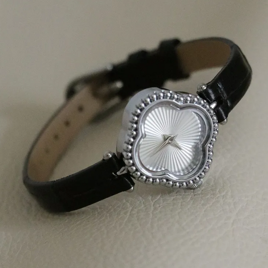Silver Clover Dial Black Leather Strap Quartz Watch for Women – Elegant & Chic