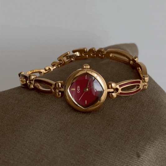 Garnet Glow – Women’s Small Round Gold Watch with Red Face