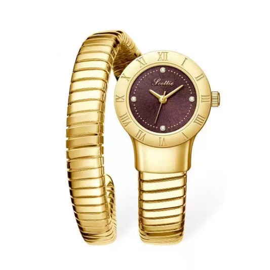Vibrant Radiance: Red Round Dial Watch with Polished Gold Bezel & Gold Link Bangle Bracelet
