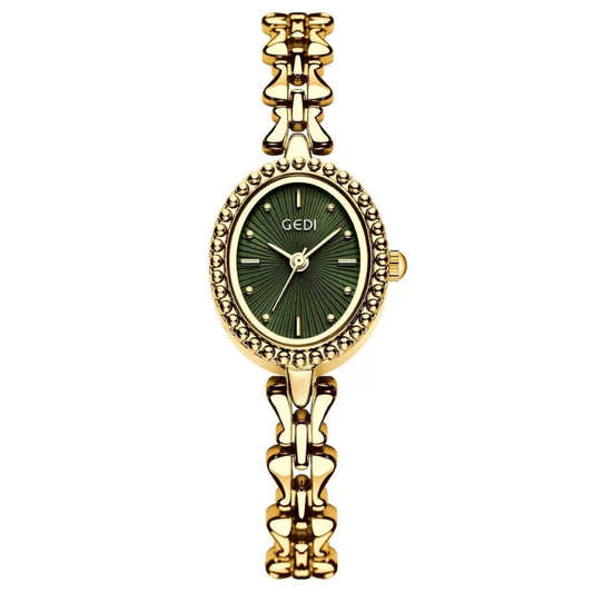 Luxe Shine: Green Oval Dial Watch with Gold Alloy Chain Bracelet