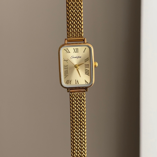 Geometric Luxe: Gold Rectangular Dial Watch with Gold Wheat Pattern Stainless Steel Bracelet
