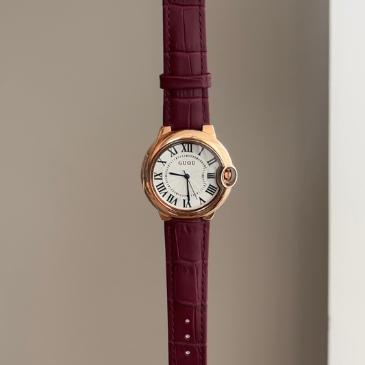 Timeless Grace: White Round Dial Watch with Gold Bezel & Genuine Purple Genuine Leather Strap