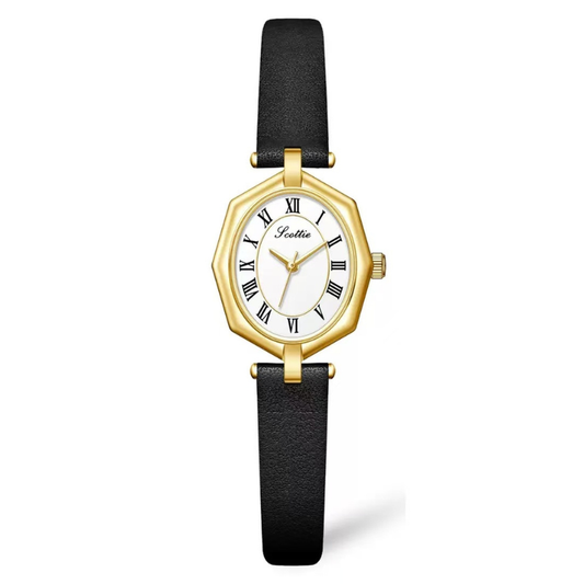 Geometric Edge: White Rhombus Dial Watch with Gold Rhombus Bezel & Black Leather Strap