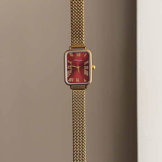 Bold Elegance: Red Rectangular Dial Watch with Gold Wheat Pattern Stainless Steel Bracelet