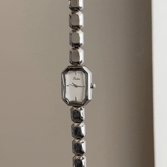 Geometric Elegant: White Rectangular Dial Watch with Silver Cut Square Link Bracelet