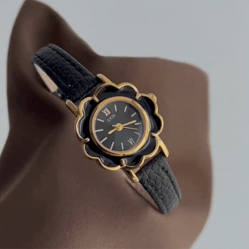 Camellia Bloom – Gold Tea Flower Watch with Black Leather Strap
