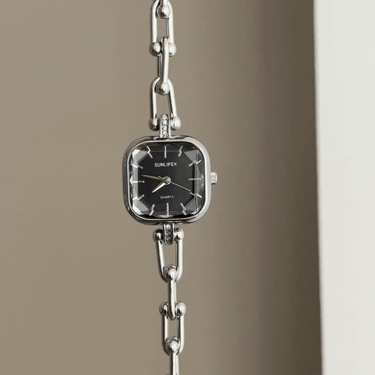 Modern Monochrome: Black Square Dial Watch with Silver Square Bezel & Bracelet