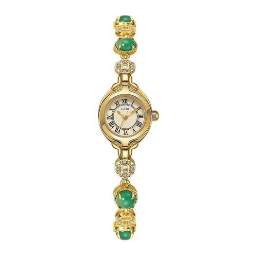 Luxury Frosted Elegance: Green Agate Small Dial & Brass Quartz Watch