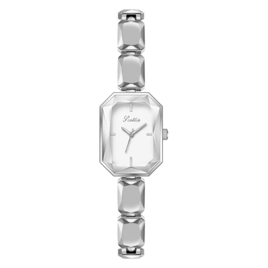 Geometric Elegant: White Rectangular Dial Watch with Silver Cut Square Link Bracelet