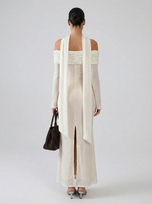 All-over Sparkling Mesh Column  Off-the-Shoulder Maxi Dress